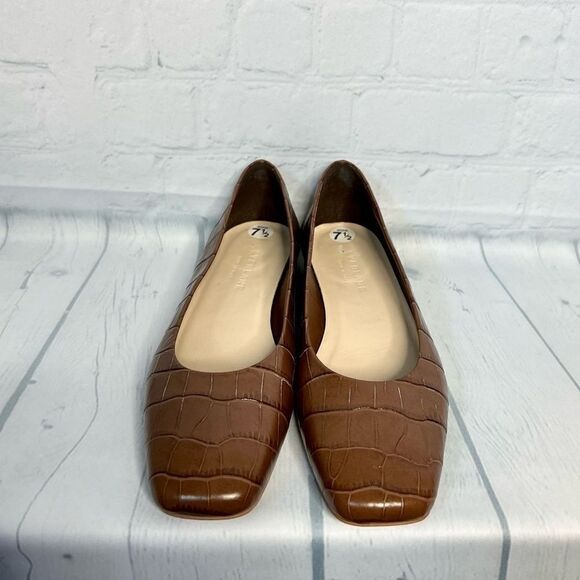 NEW Everlane brown croc embossed leather square toe circle heel ballet flats 7.5 - Picture 3 of 10